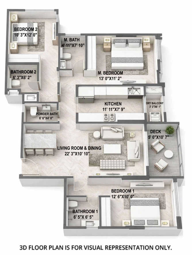 Rustomjee Prive Bandra - Floor plan 3 BHK 1088 Sq.ft