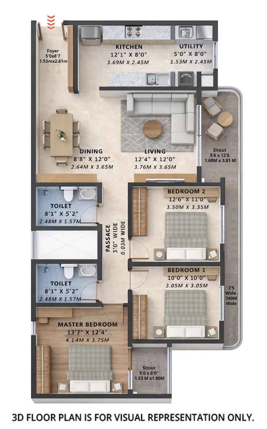 Floor plan for 3 BHK