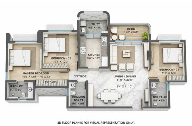 Lodha Opulis Dombivali - Floor plan 3 BHK 1103 Sq.ft