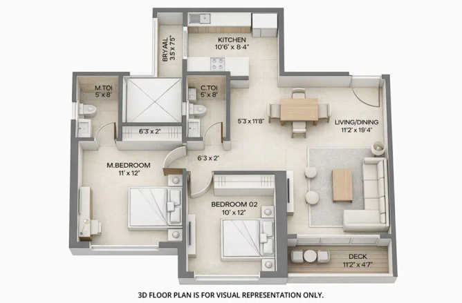 Embassy One Pokhran Road 2 - Floor plan 2 BHK 855 Sq.ft