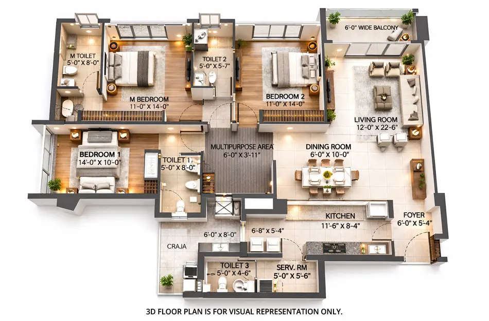 Floor plan for 3 BHK