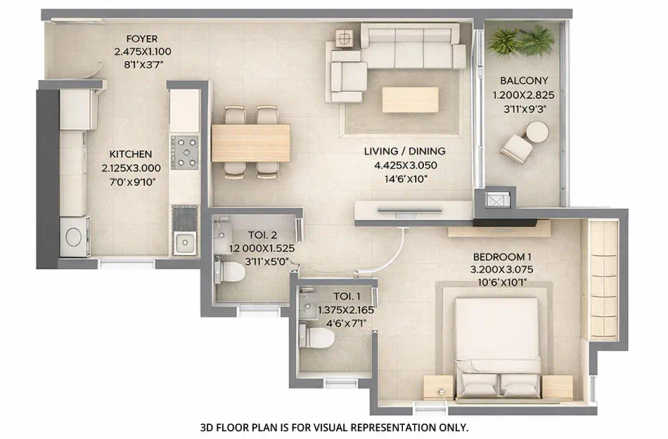 K Raheja Jade City Juinagar - Floor plan 1 BHK 490 Sq.ft