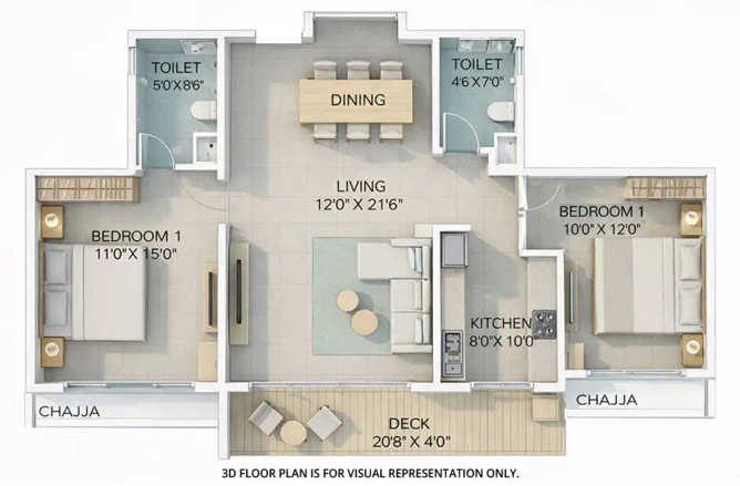 Delta Palm Beach Seawoods - Floor plan 2 BHK 763 Sq.ft