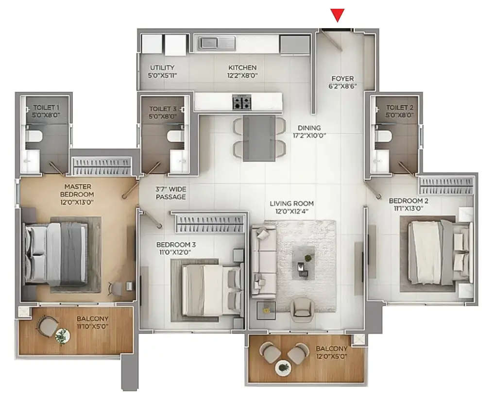 Floor plan for 3 BHK