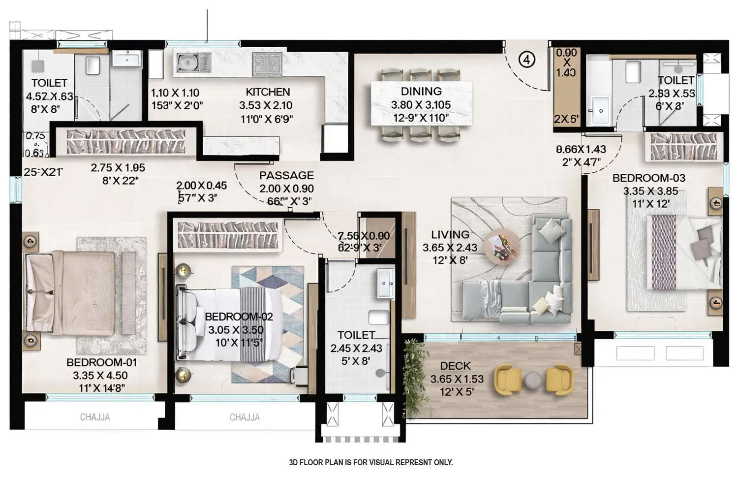 Floor plan for 3 BHK