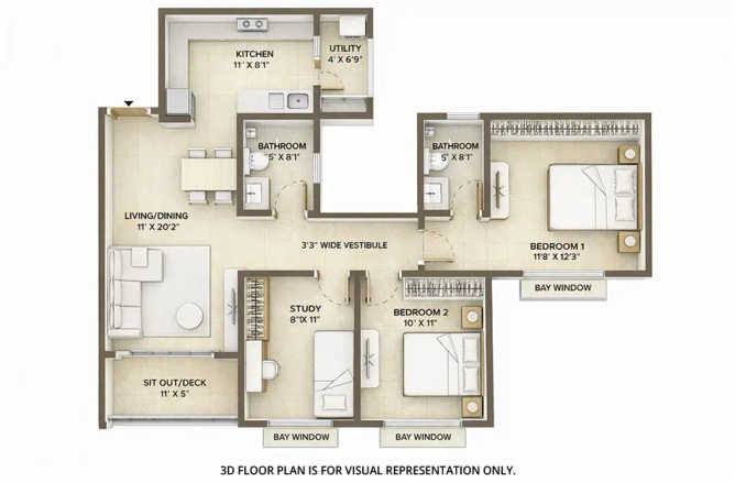 Bhartiya City Nikoo Garden Estate Devanahalli - Floor plan 2.5 BHK 1343 Sq.ft