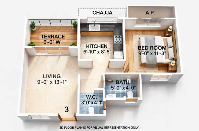 Tharwani Vedant Millenia Titwala - Floor plan 1 BHK 430 Sq.ft