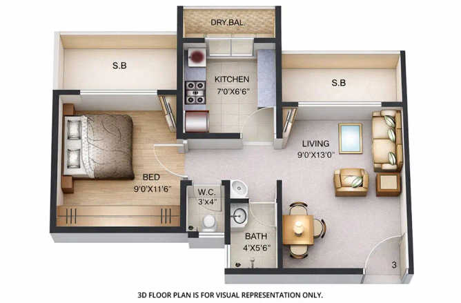 Tharwani Vedant Nakshatra Rameshwadi - Floor plan 1 BHK 450 Sq.ft