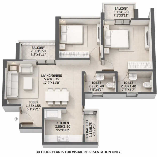 VTP Flamante Kharadi - Floor plan 2 BHK 762 Sq.ft