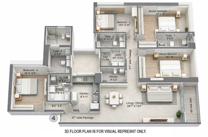 Raheja The Riviere Lower Parel - Floor plan 4 BHK 1599 Sq.ft