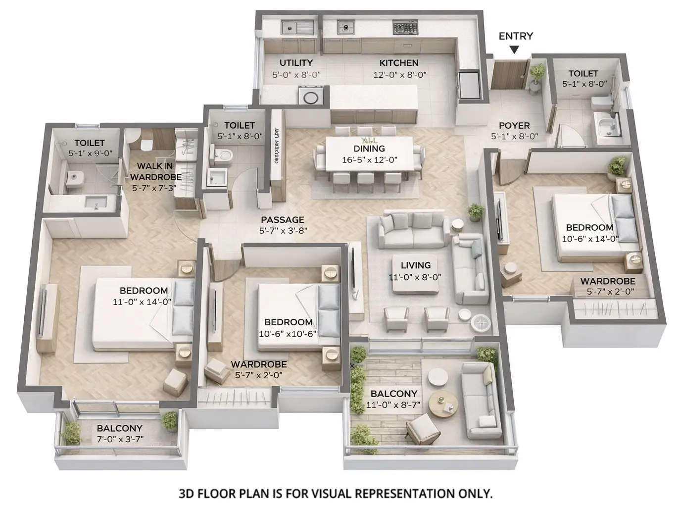Floor plan for 3 BHK