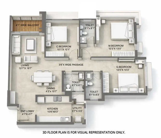 Kalpataru Vienta Kandivali - Floor plan 3 BHK 1076 Sq.ft