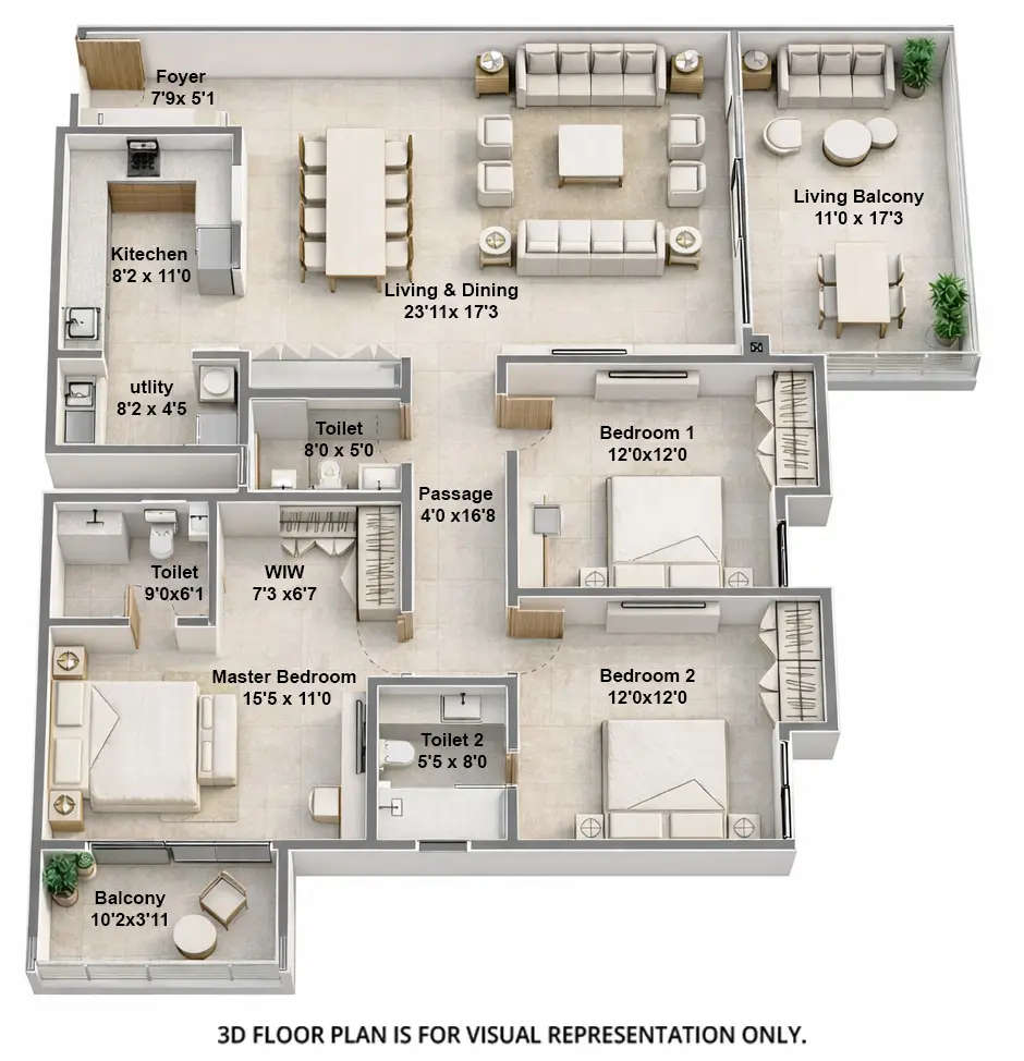 Floor plan for 3 BHK