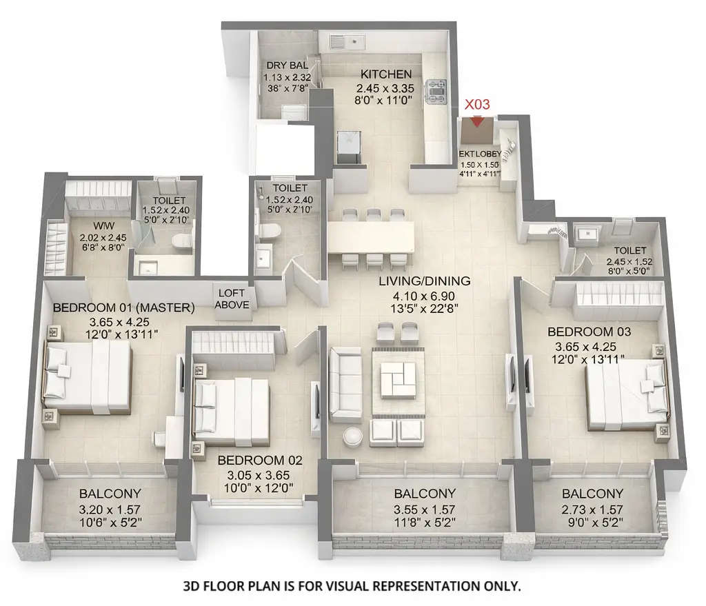 Floor plan for 3 BHK