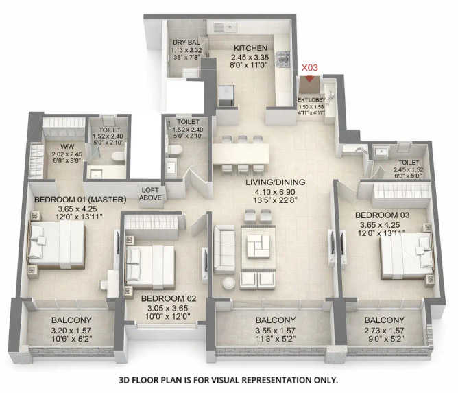 Godrej Rivercrest Kharadi - Floor plan 3 BHK 1379 Sq.ft