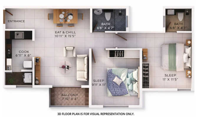Provident Sunworth Electronic City - Floor plan 2 BHK 883 Sq.ft