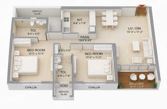 Ruparel Stardom Malad - Floor plan 2 BHK 744 Sq.ft