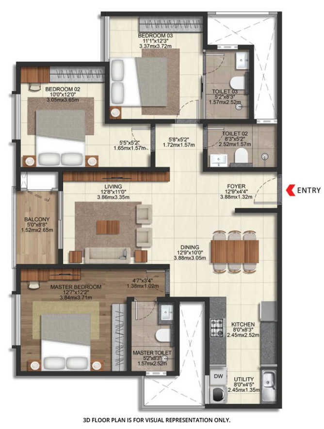 Brigade Eternia Yelahanka - Floor plan 3 BHK 1624 Sq.ft