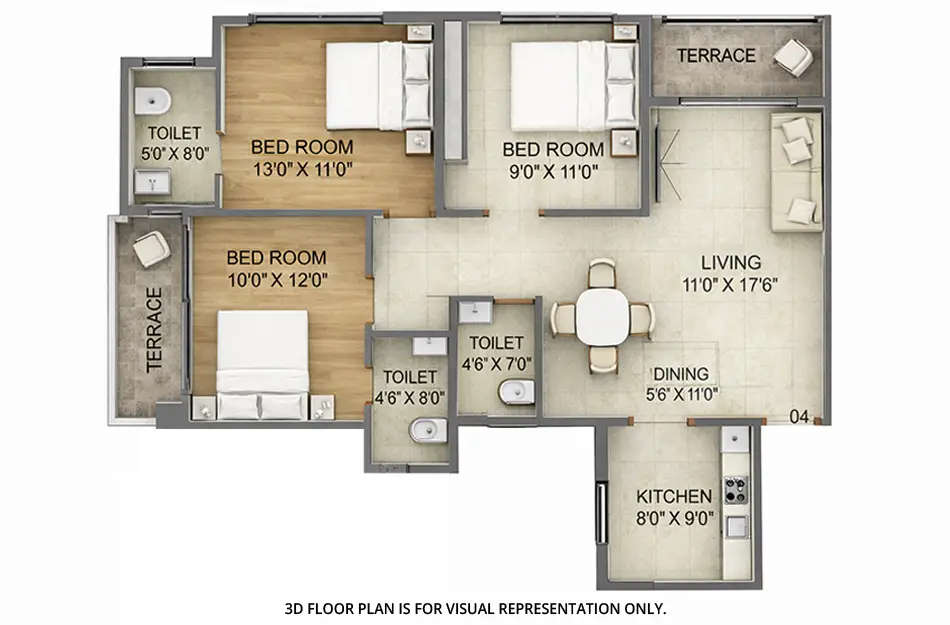 Floor plan for 3 BHK