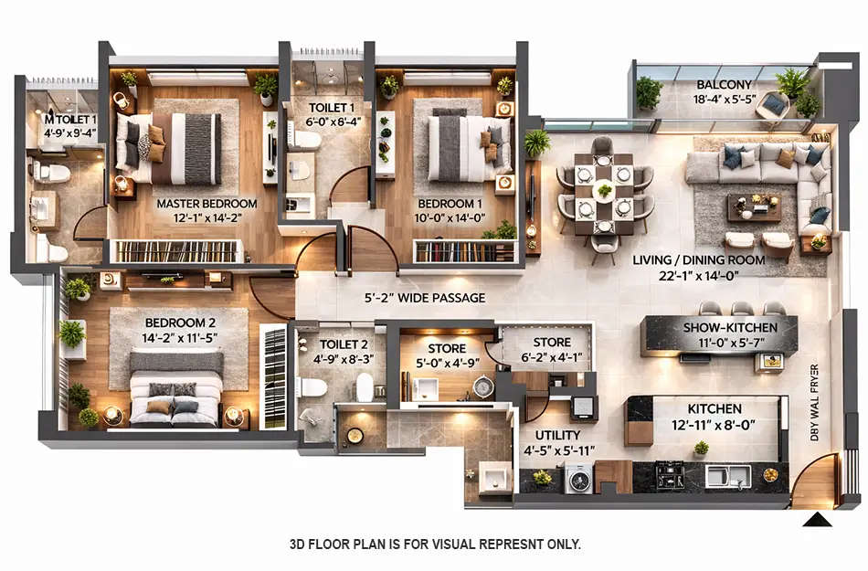 Floor plan for 3 BHK
