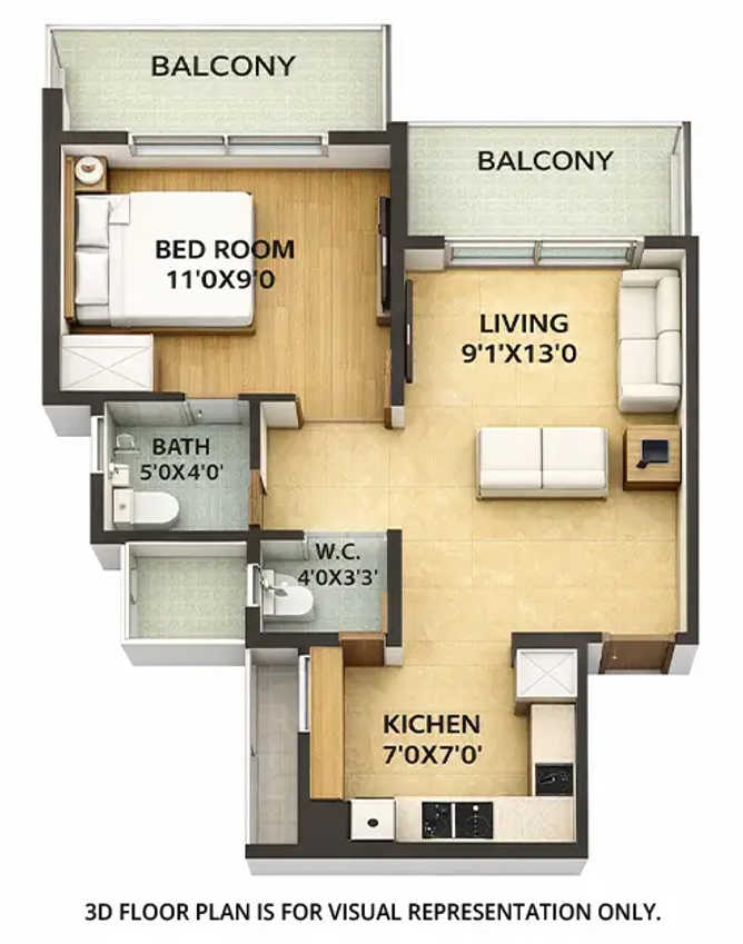 Akshar Elita Dronagiri - Floor plan 1 BHK 336 Sq.ft
