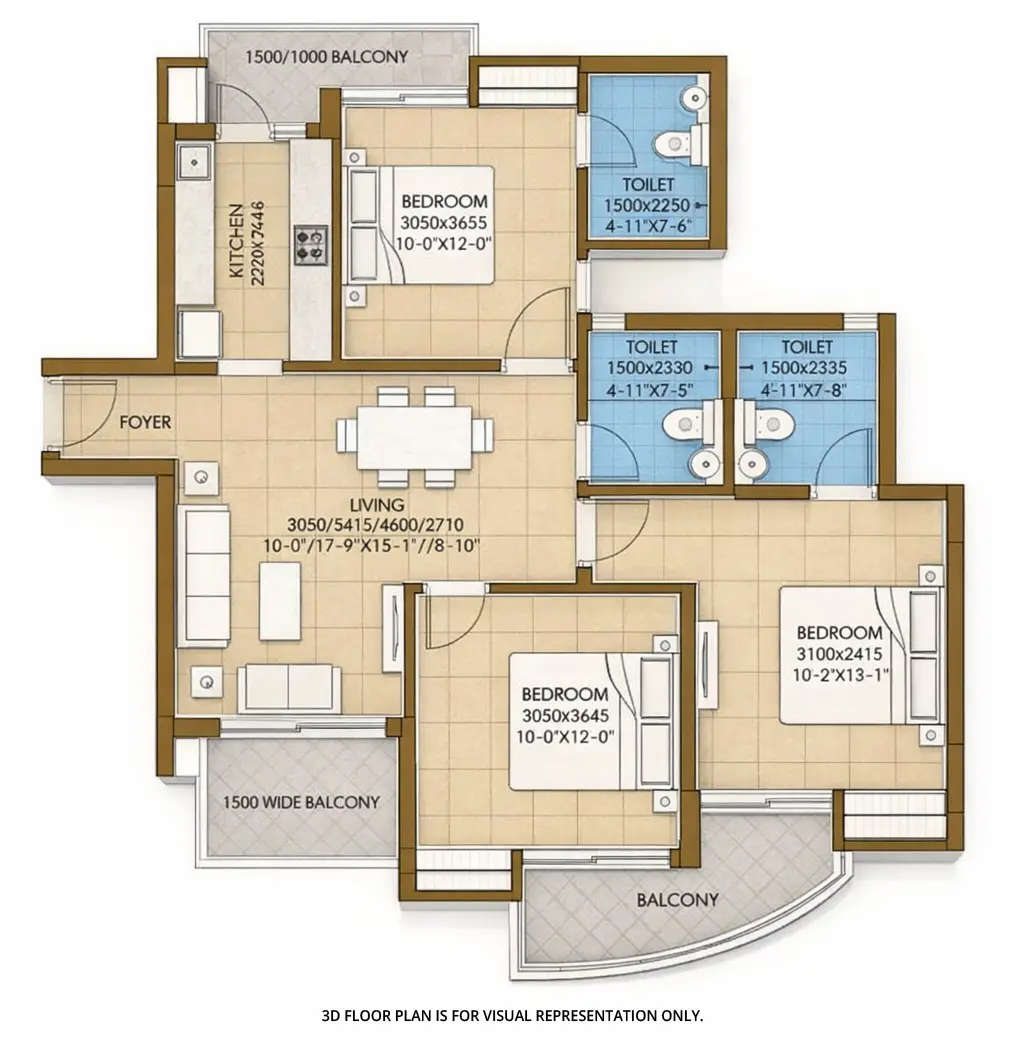 Floor plan for 3 BHK
