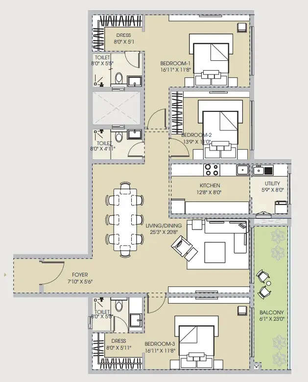 Floor plan for 3 BHK