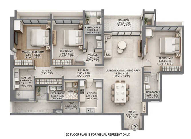 K Raheja Amaltis Sion - Floor plan 3 BHK 1346 Sq.ft