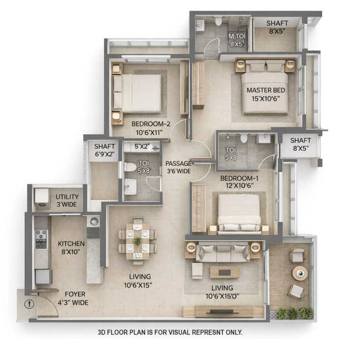 K Raheja Antares Kanjurmarg - Floor plan 3 BHK 1118 Sq.ft