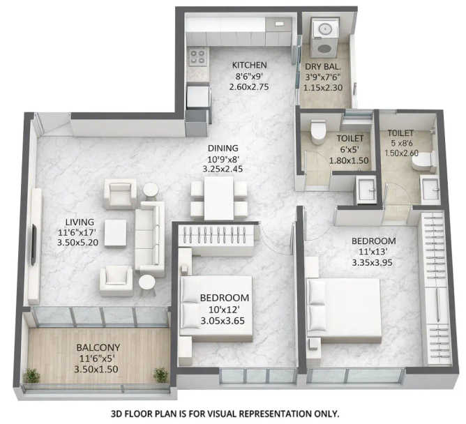 Mantra Melange Kharadi - Floor plan 2 BHK 843 Sq.ft
