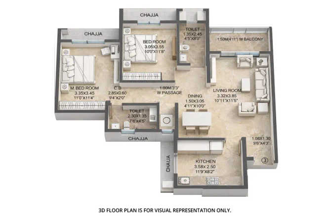 Dosti Willow Balkum - Floor plan 2 BHK 800 Sq.ft