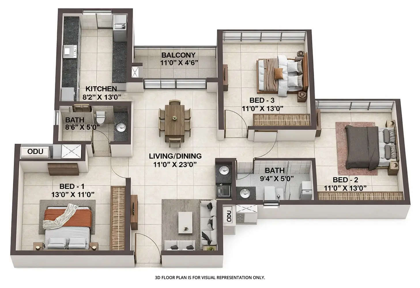 Floor plan for 3 BHK