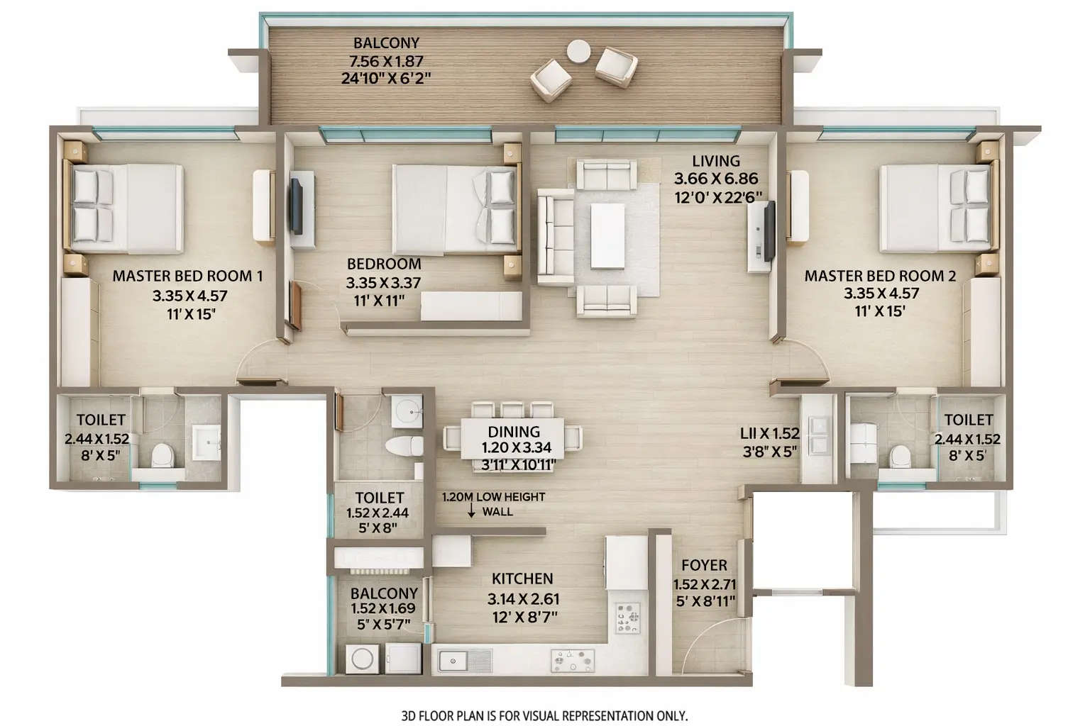 Floor plan for 3 BHK