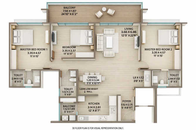 Kolte Patil Canvas Hinjewadi - Floor plan 3 BHK 1330 Sq.ft