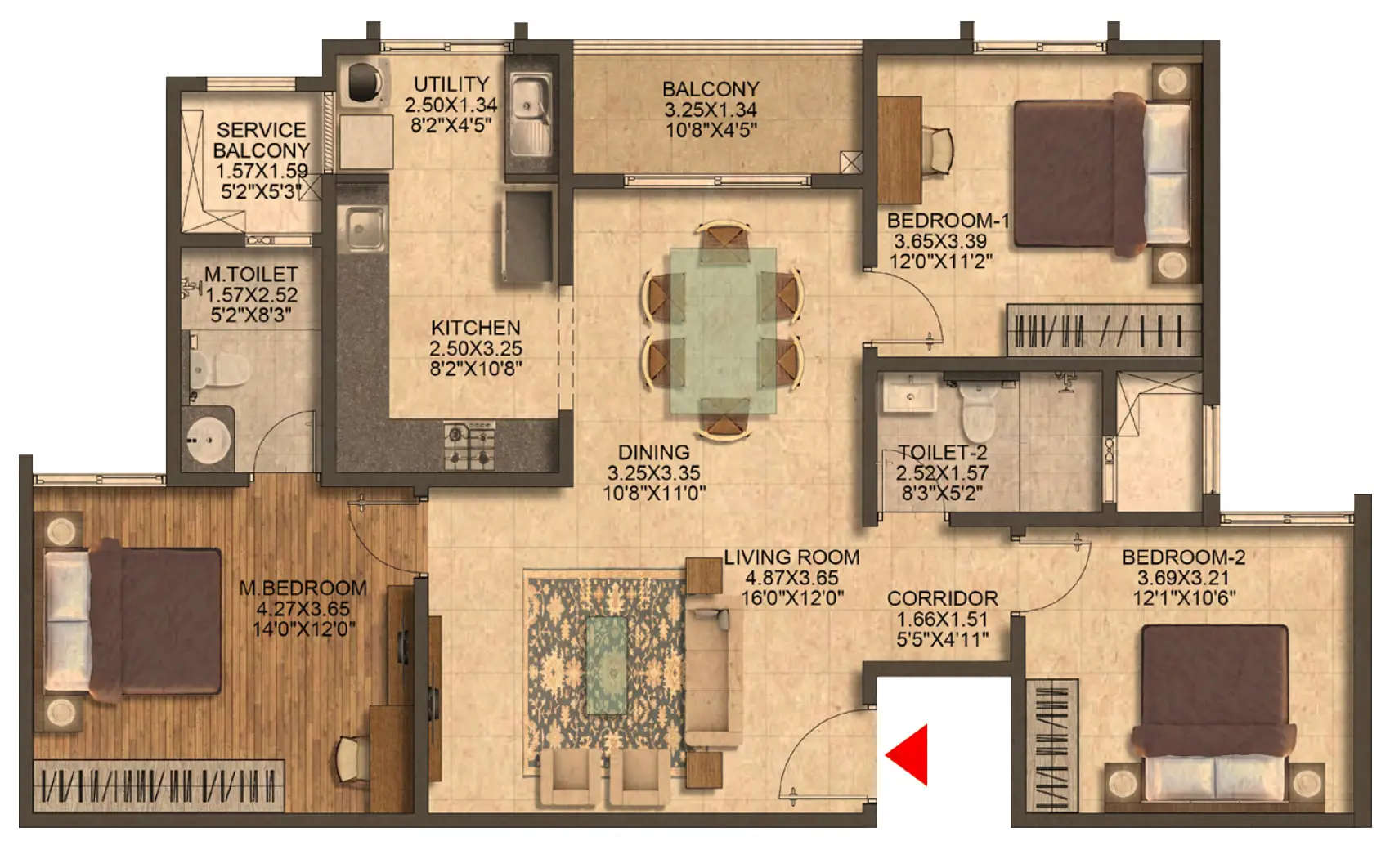 Floor plan for 3 BHK