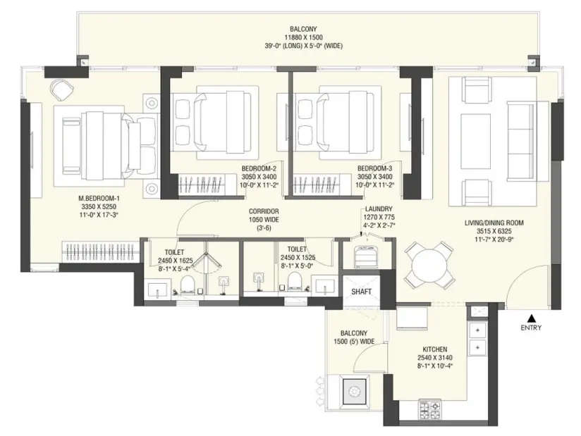 Floor plan for 3 BHK
