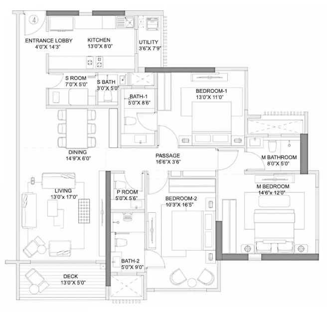 Rustomjee Crescent Bandra - Floor plan 3 BHK 1422 Sq.ft