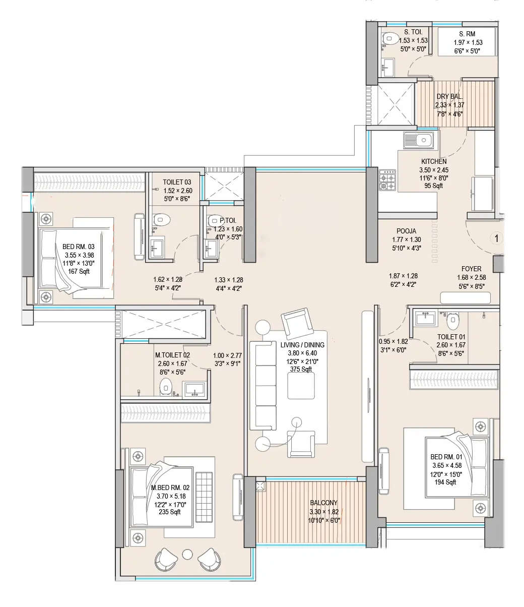 Floor plan for 3 BHK