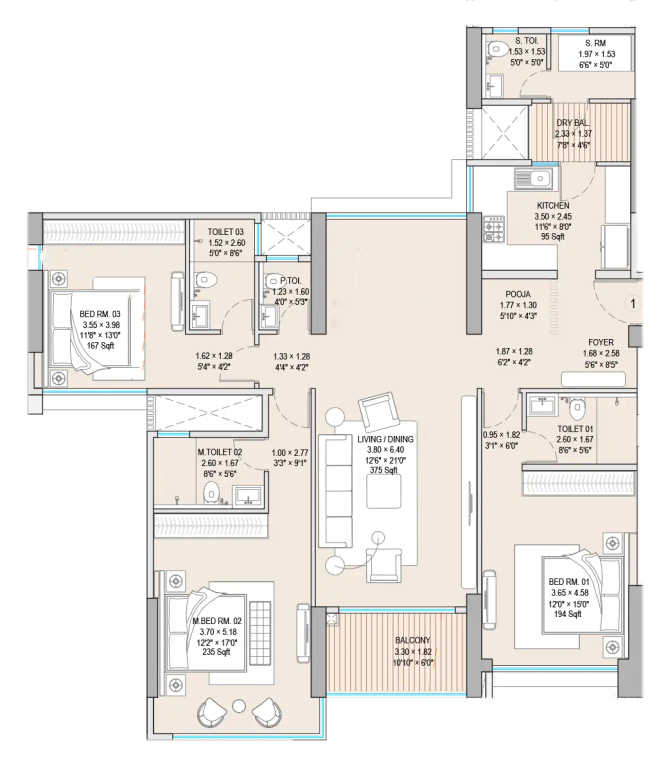 Godrej Skyshore Versova - Floor plan 3 BHK 1500 Sq.ft
