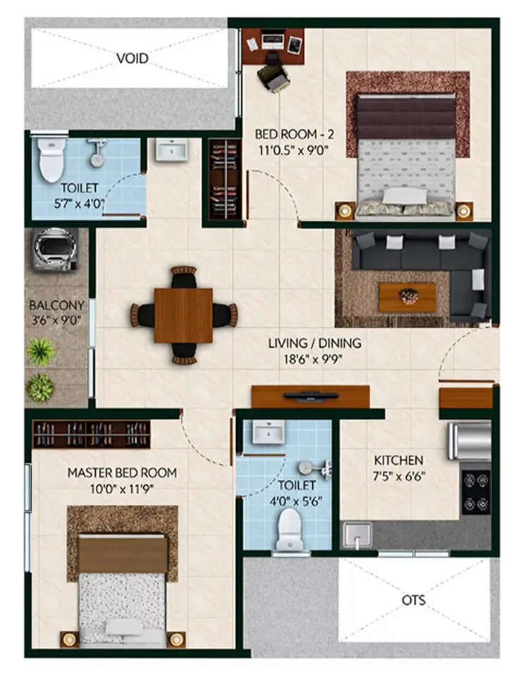 Floor plan for 2 BHK