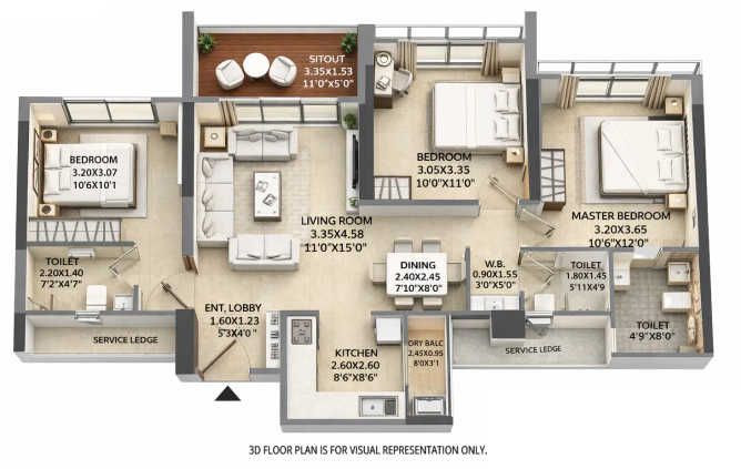 Mantra Paradise Sus - Floor plan 3 BHK 946 Sq.ft