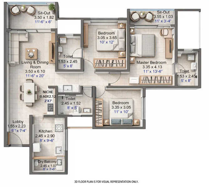 Kohinoor Satori Mahalunge Baner - Floor plan 3 BHK 1121 Sq.ft