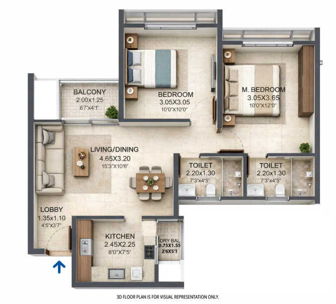 VTP Skylights Baner - Floor plan 2 BHK 611 Sq.ft