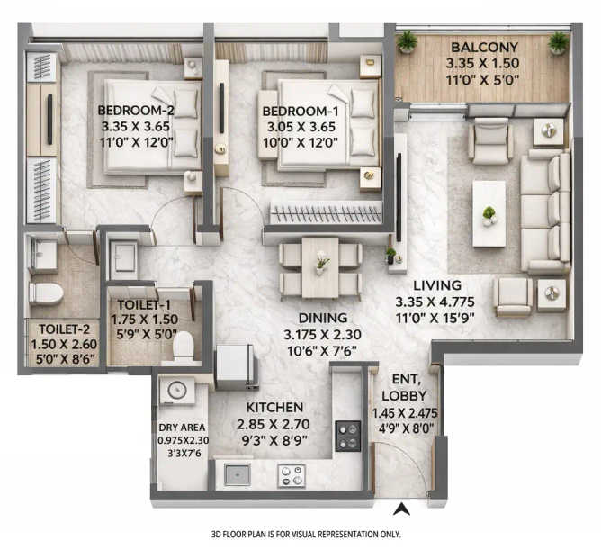 Mantra Meridian Balewadi - Floor plan 2 BHK 834 Sq.ft