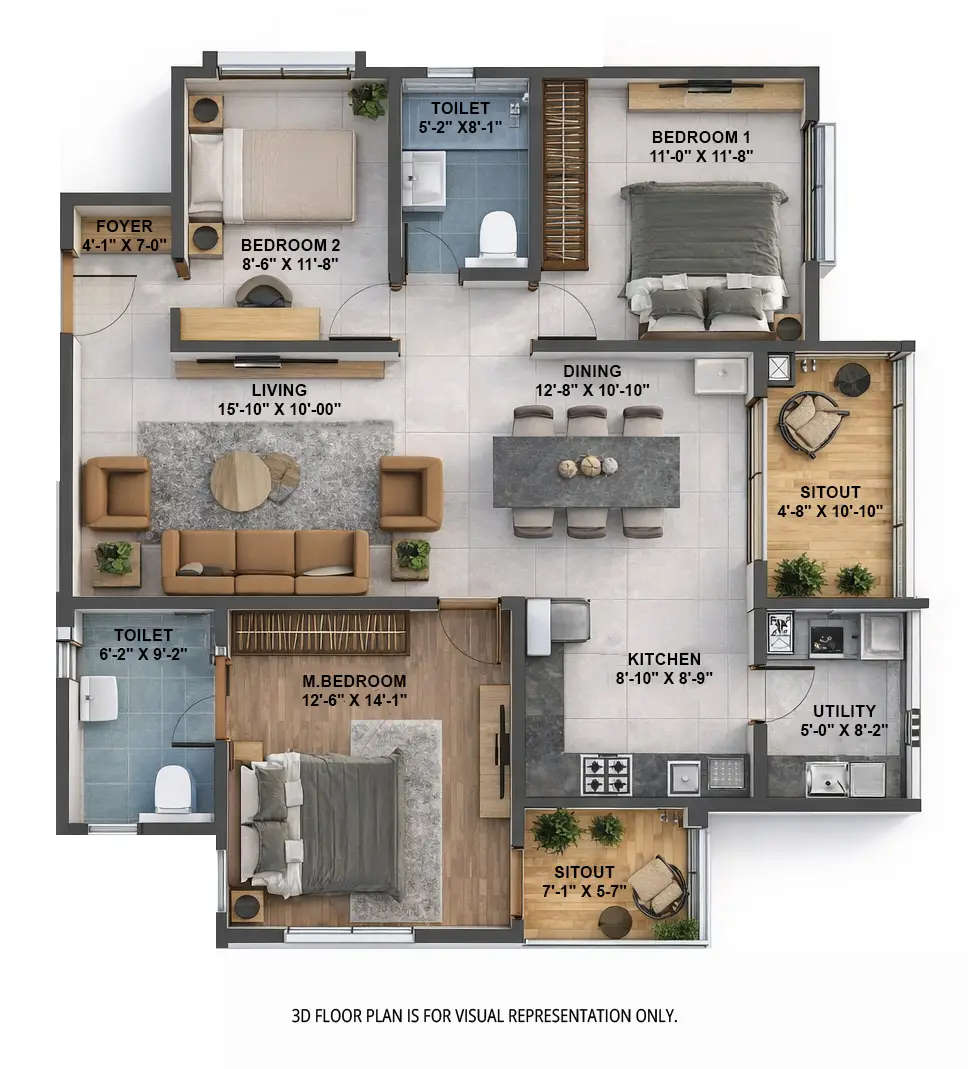 Floor plan for 3 BHK