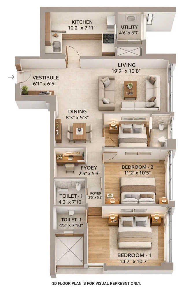 Birla Niyaara Worli - Floor plan 2 BHK 849 Sq.ft