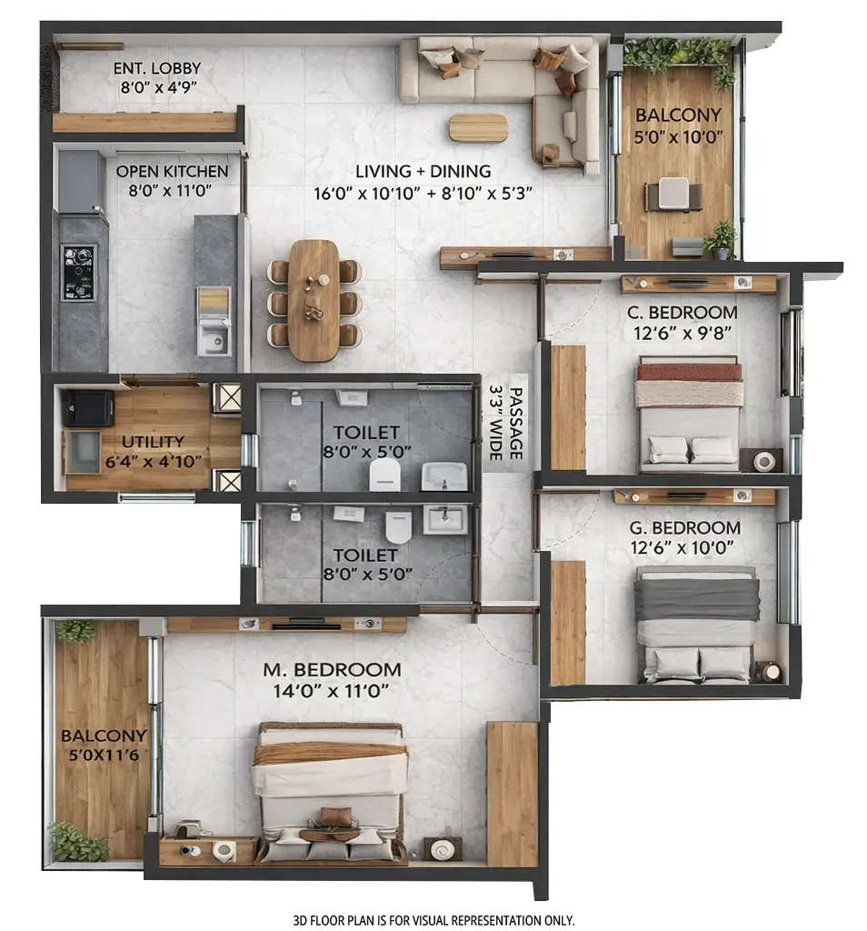 Floor plan for 3 BHK