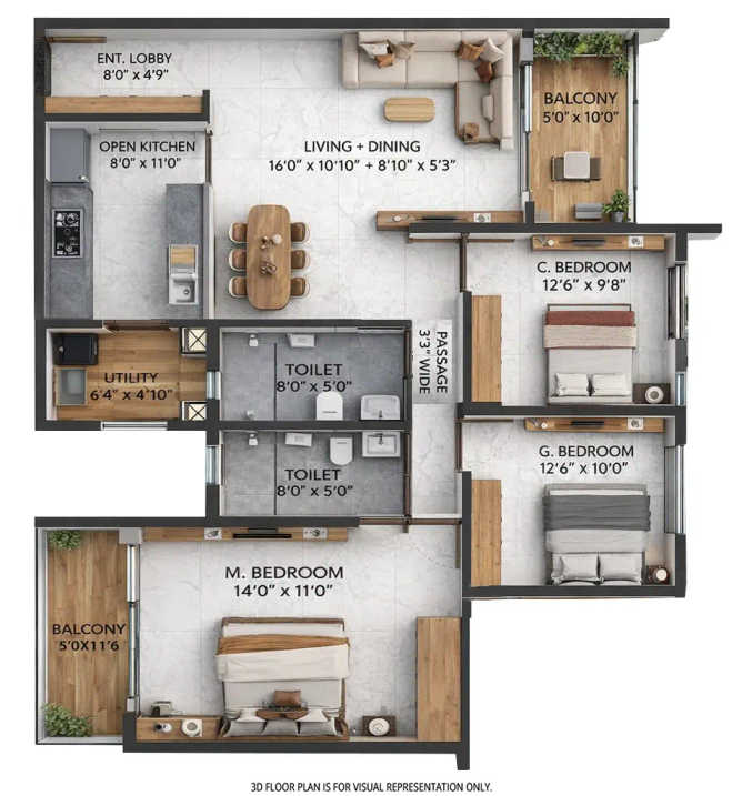 TVS Emerald Auralis Sathanur - Floor plan 3 BHK 1509 Sq.ft