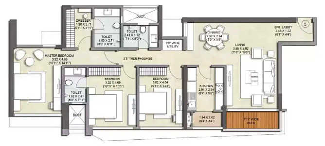 Kalpataru Magnus Bandra - Floor plan 3 BHK 1121 Sq.ft