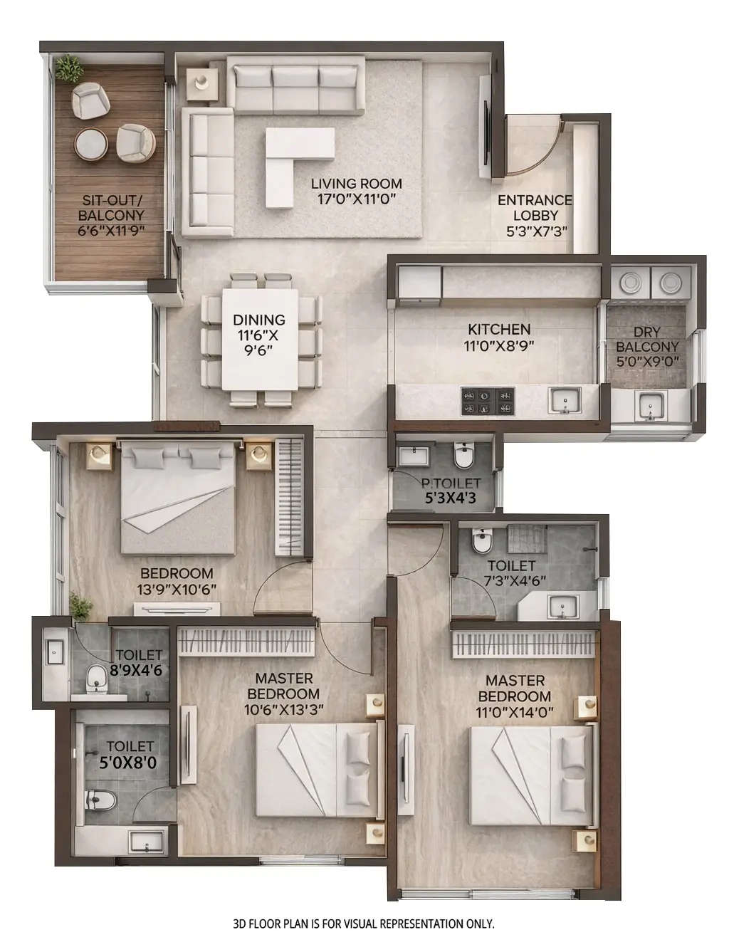 Floor plan for 3 BHK